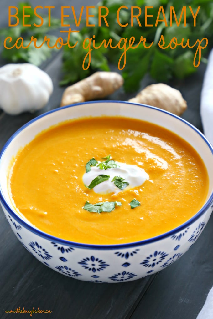 This Best Ever Creamy Carrot Ginger Soup is the best carrot soup that's warm, hearty, and packed with spicy ginger and creamy coconut. It's healthy, made with only a few simple ingredients, and it's so easy to make! Recipe from thebusybaker.ca! #bestevercarrotsoup #creamycarrotsoup #carrotsoupdairyfree #vegancarrotsoup