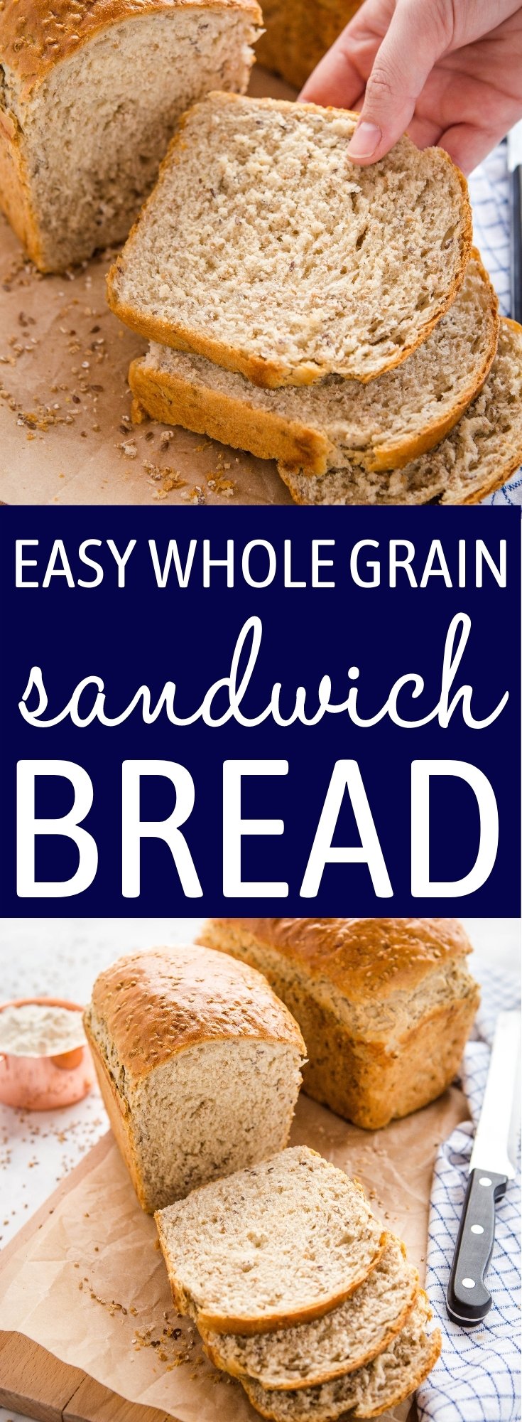 This Easy Whole Grain Sandwich Bread is a rustic-looking sandwich loaf that's perfectly soft and fluffy, full of fibre and whole grain goodness and perfect for school lunches or serving with your favourite soups or stews. Recipe from thebusybaker.ca! #wholegrains #wholegrainbread #healthy #sandwich #schoollunch #homemade #bread via @busybakerblog