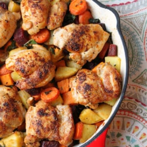 paprika chicken thighs with roasted root vegetables