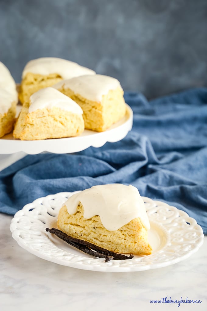 Best Ever Vanilla Bean Scones on white lace plate