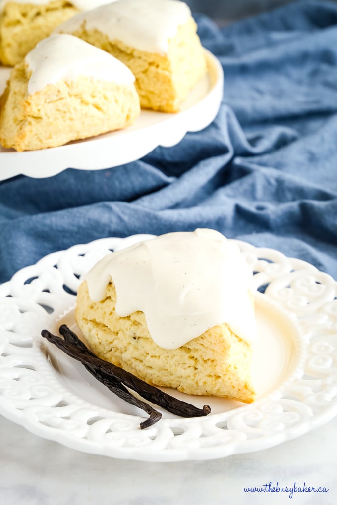 Starbuck Vanilla Bean Scone on white lace plate