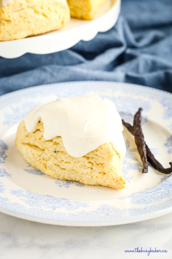 Starbucks Vanilla Bean Scone on blue burleigh vintage plate