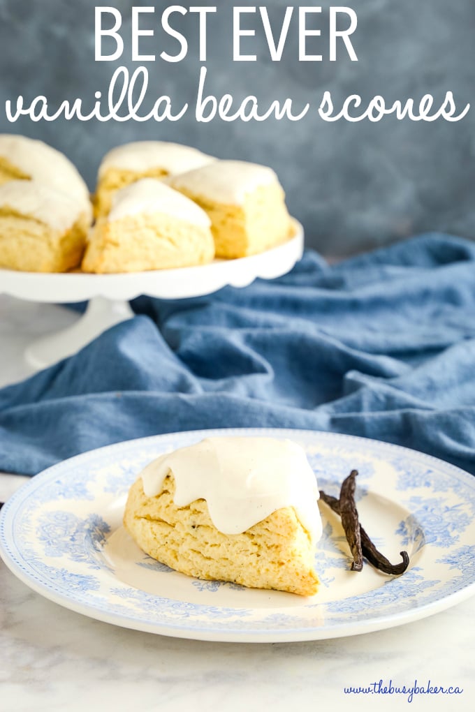 Best Ever Vanilla Bean Scones on blue vintage plate