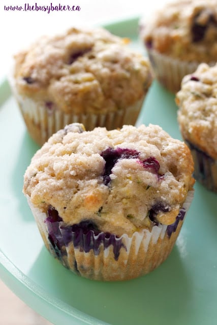 blueberry muffin with streusel topping and zucchini