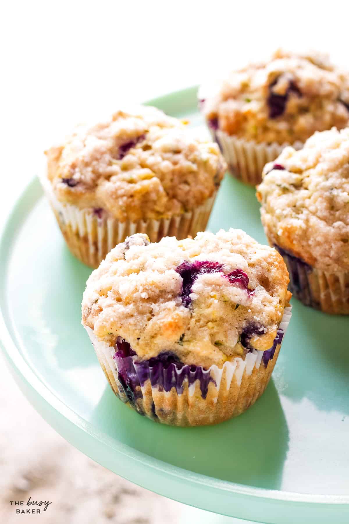 blueberry muffins with crumb topping and zucchini