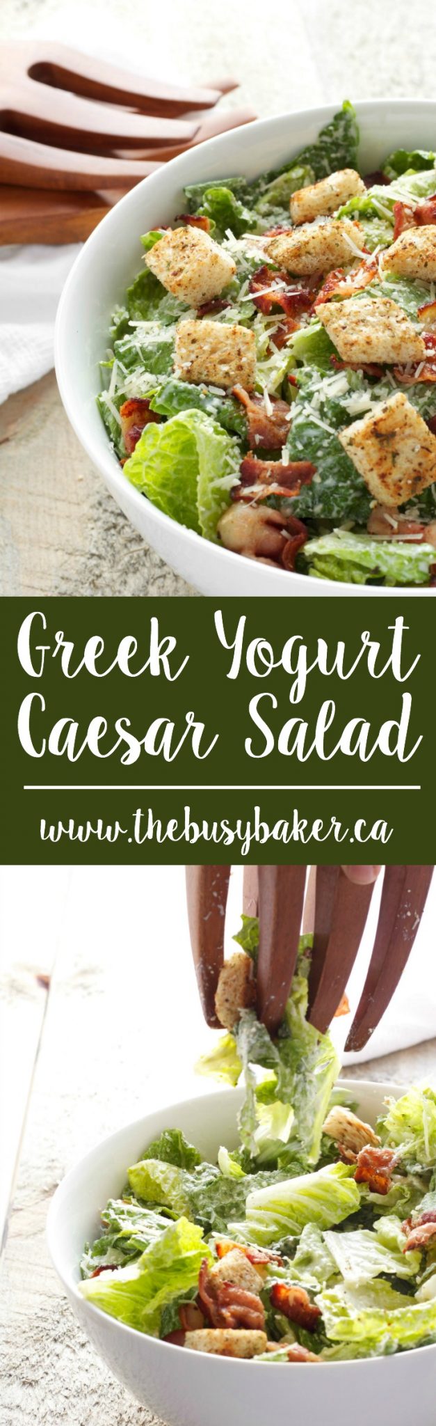 This Greek Yogurt Caesar Salad is a healthy and low fat alternative to traditional Caesar salad! It's ultra creamy and delicious and it's so easy to make! Recipe from thebusybaker.ca! via @busybakerblog
