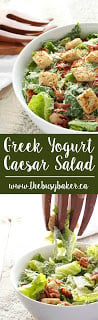 This Greek Yogurt Caesar Salad is a healthy and low fat alternative to traditional Caesar salad! It's ultra creamy and delicious and it's so easy to make! Recipe from thebusybaker.ca!