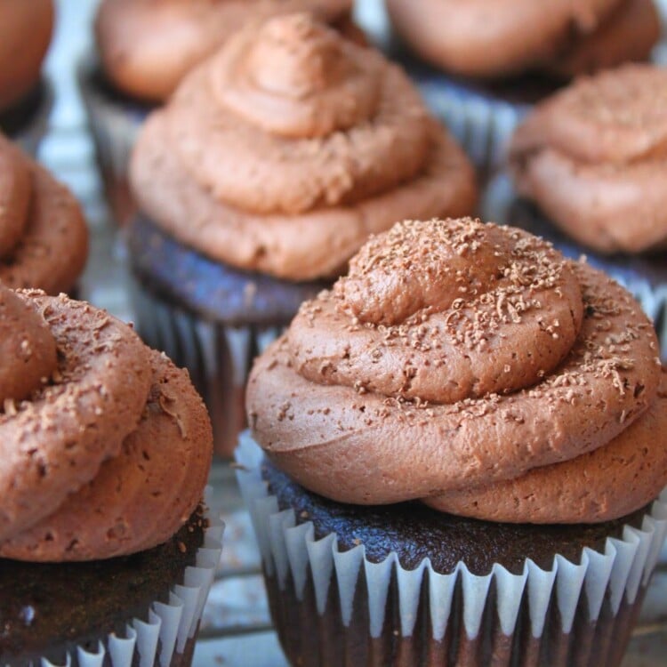 batch of chocolate cupcakes with chocolate buttercream