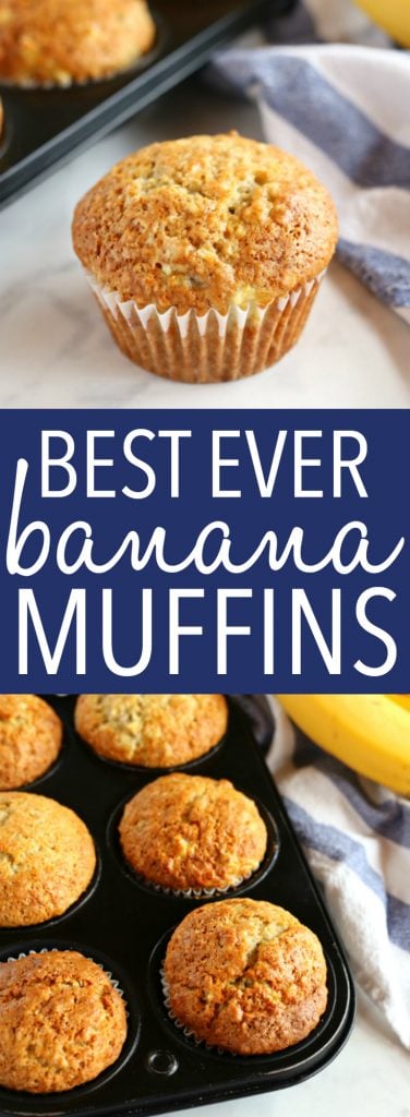 These Best Ever Banana Muffins are the best banana muffins you'll ever try - crispy on the outside and fluffy on the inside! And so easy to make in only one bowl! Ready in minutes! Recipe from thebusybaker.ca! #besteverbananamuffins #bestbananamuffins #bananamuffins #easymuffinrecipe