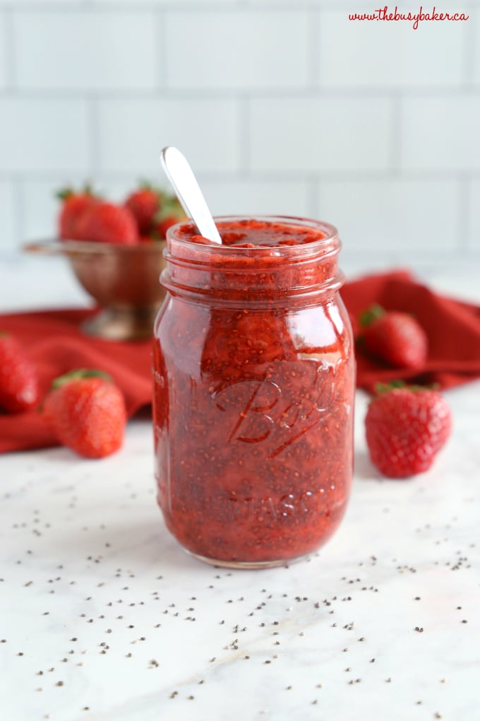 This Easy 3-Ingredient Chia Seed Strawberry Jam is the perfect healthy alternative to conventional jam! It's made with 3 healthy, natural, whole-food ingredients and it's quick and easy to make! Recipe from thebusybaker.ca! #healthyjam #chiaseedjam #homemadestrawberryjam