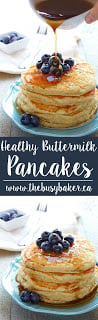 This healthy pancake recipe uses whole wheat flour, no added fat, and the pancakes are sweetened only with mashed bananas! SO delicious! via @busybakerblog