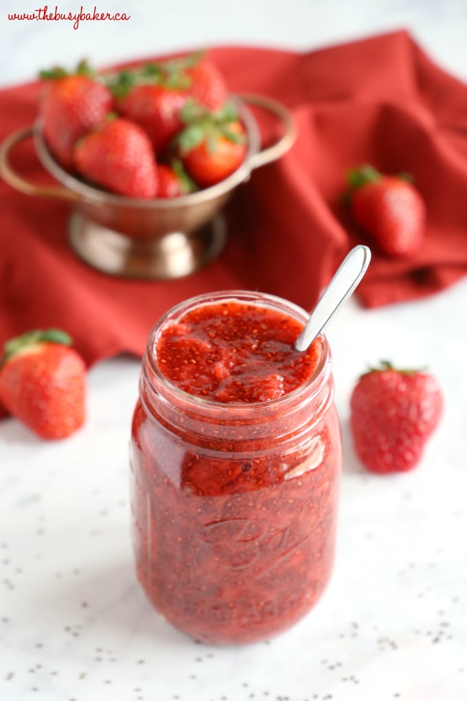 This Easy 3-Ingredient Chia Seed Strawberry Jam is the perfect healthy alternative to conventional jam! It's made with 3 healthy, natural, whole-food ingredients and it's quick and easy to make! Recipe from thebusybaker.ca! #healthyjam #chiaseedjam #homemadestrawberryjam
