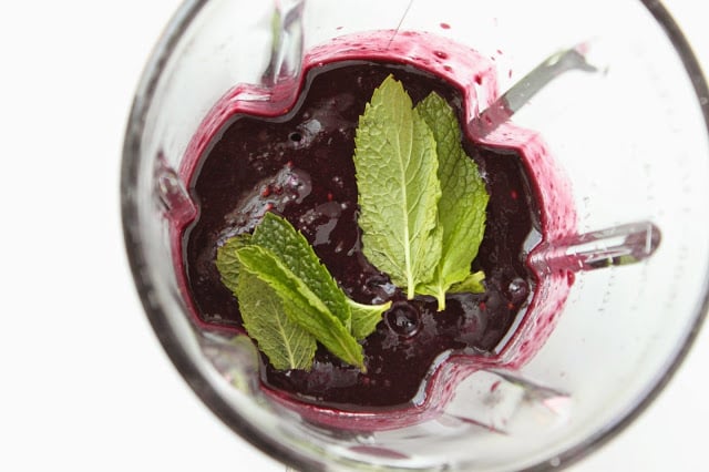 blackberries and mint in a blender