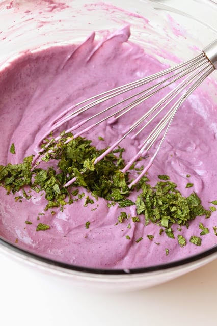 creating a frozen yogurt recipe with fresh mint and blackberries