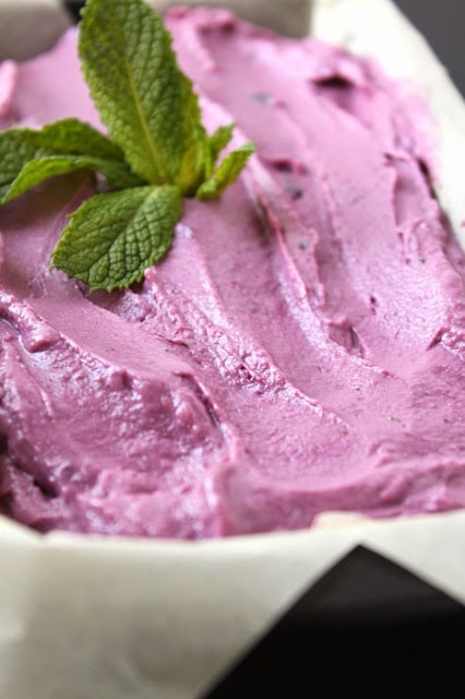 fresh mint leaves on top of blackberry frozen yogurt