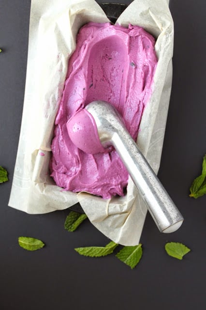 scooping up blackberry mint frozen yogurt from a container