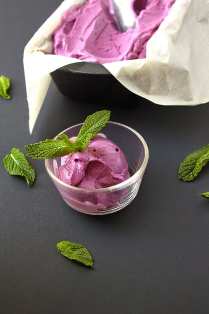 dish of homemade blackberry mint frozen yogurt