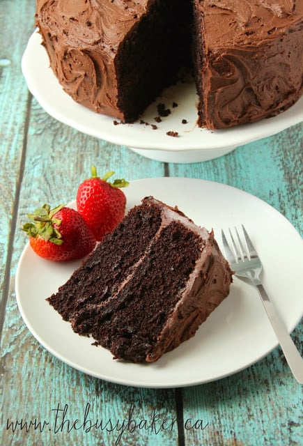 moist chocolate layer cake frosted with chocolate buttercream