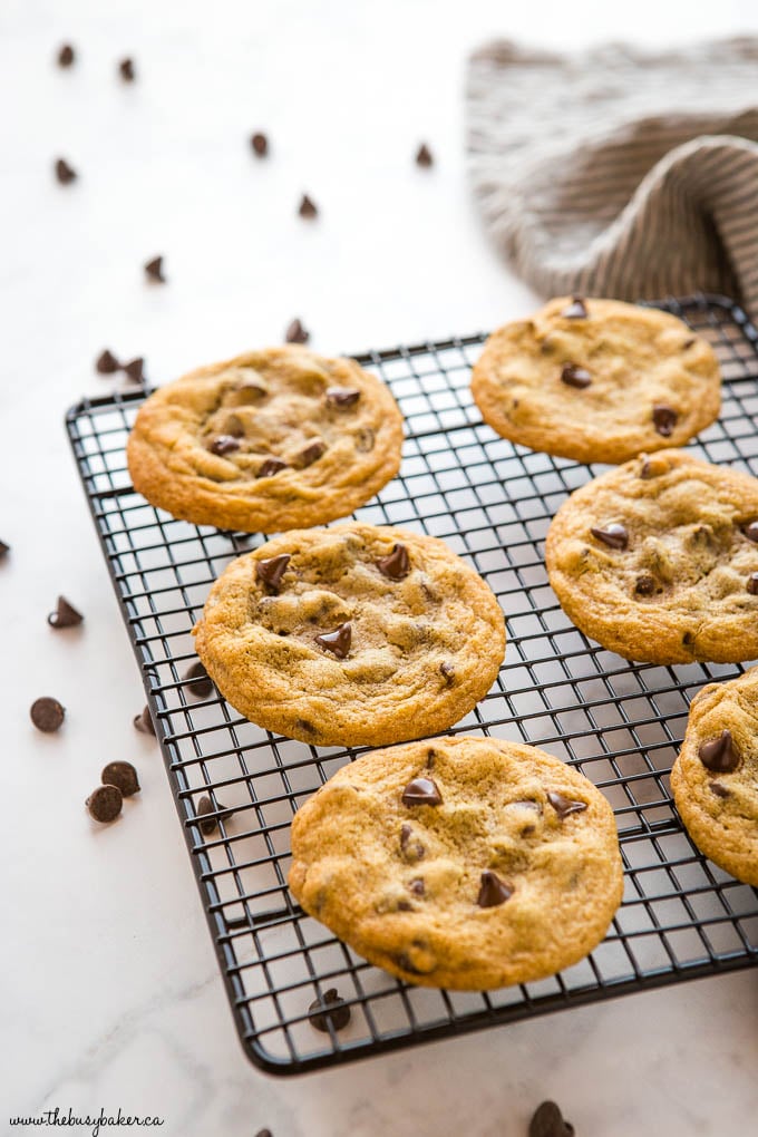chocolate chip cookies on a black cooling rack