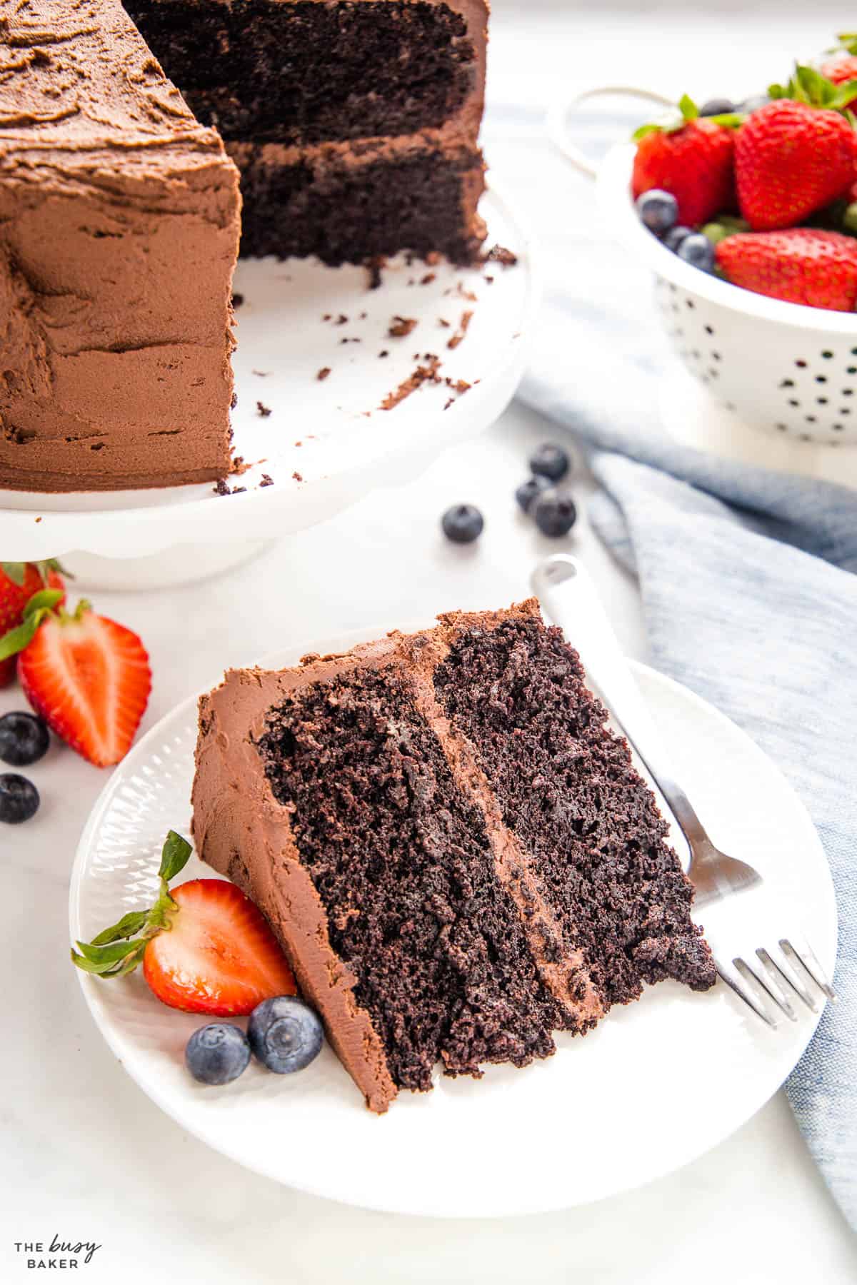 slice of chocolate cake with berries