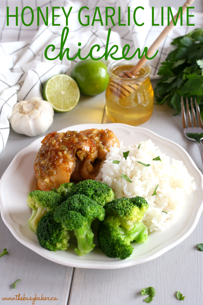 This Honey Garlic Lime Chicken is an easy weeknight meal recipe featuring tender chicken thighs cooked in a sweet lime and garlic sauce! Just a few simple ingredients and you're on your way to a delicious family meal that's so easy to make! Recipe from thebusybaker.ca! #easyhoneygarlicchicken #easychickenrecipe #honeygarlicsauce