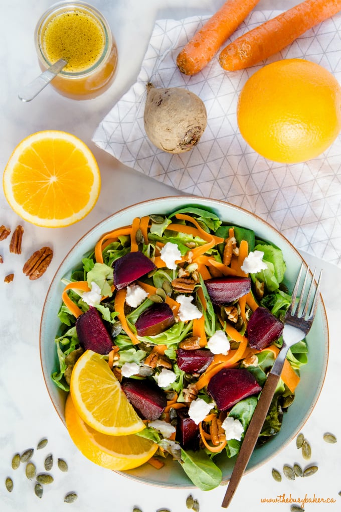 fall harvest salad with roasted beets, goat cheese, and orange vinaigrette dressing