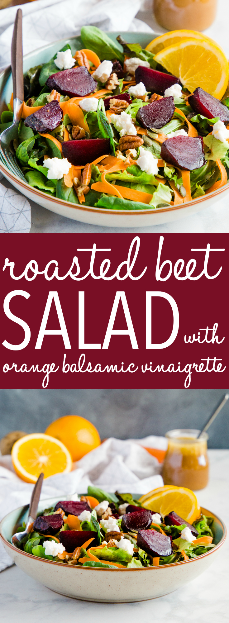 This Roasted Beet Salad with Goat Cheese and Orange Balsamic Vinaigrette is the perfect harvest salad with fresh greens, roasted beets, nuts and seeds, and an easy dressing made with fresh oranges! Recipe from thebusybaker.ca! #beets #salad #healthy #harvest #fall #autumn #weightloss #vegetarian #vegan #vinaigrette #homemadesaladdressing #saladdressing #orange #greens #goatcheese via @busybakerblog