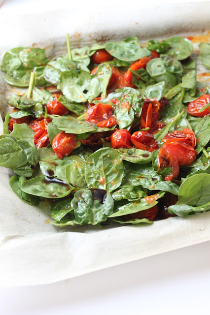 oven roasted tomatoes and baby spinach