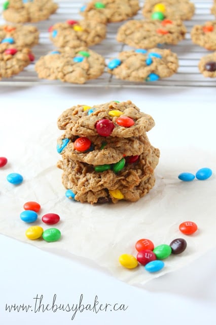 Monster Cookies are the perfect cookie recipe to make when you need a sweet treat! They're soft and chewy peanut butter oatmeal cookies studded with M&Ms. Homemade cookies don't get any better than these! a batch of homemade Monster Cookies