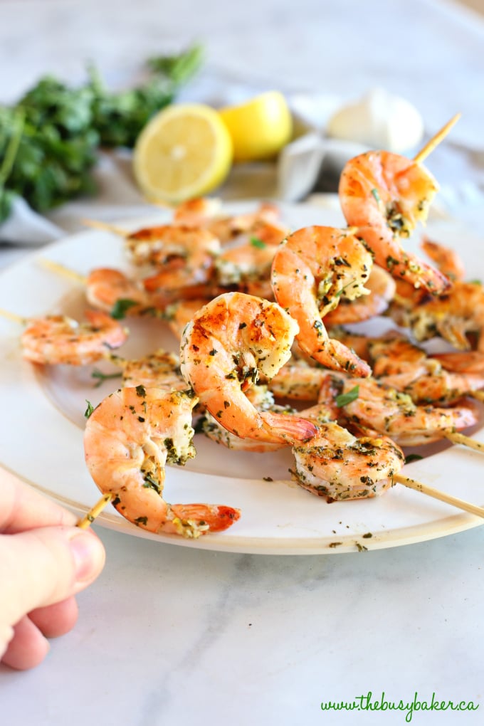 These Lemon Garlic Grilled Shrimp Skewers make the perfect addition to any healthy meal! Marinated in fresh garlic, lemon, and white wine, these grilled shrimp are perfect for summer barbecues or grilled indoors any time of year! Recipe from thebusybaker.ca! #shrimpskewers #lemongarlicshrimp #easyshrimprecipe #healthyshrimprecipe