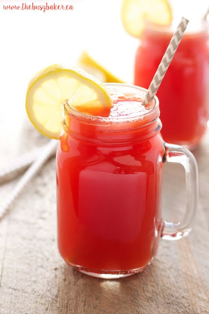 This Watermelon Green Tea Refresher drink is a delicious healthy alcohol-free cocktail, featuring fresh watermelon, lemon, and green tea! Recipe from thebusybaker.ca!