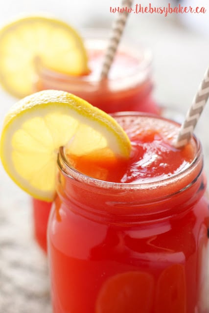 This Watermelon Green Tea Refresher drink is a delicious healthy alcohol-free cocktail, featuring fresh watermelon, lemon, and green tea! Recipe from thebusybaker.ca!