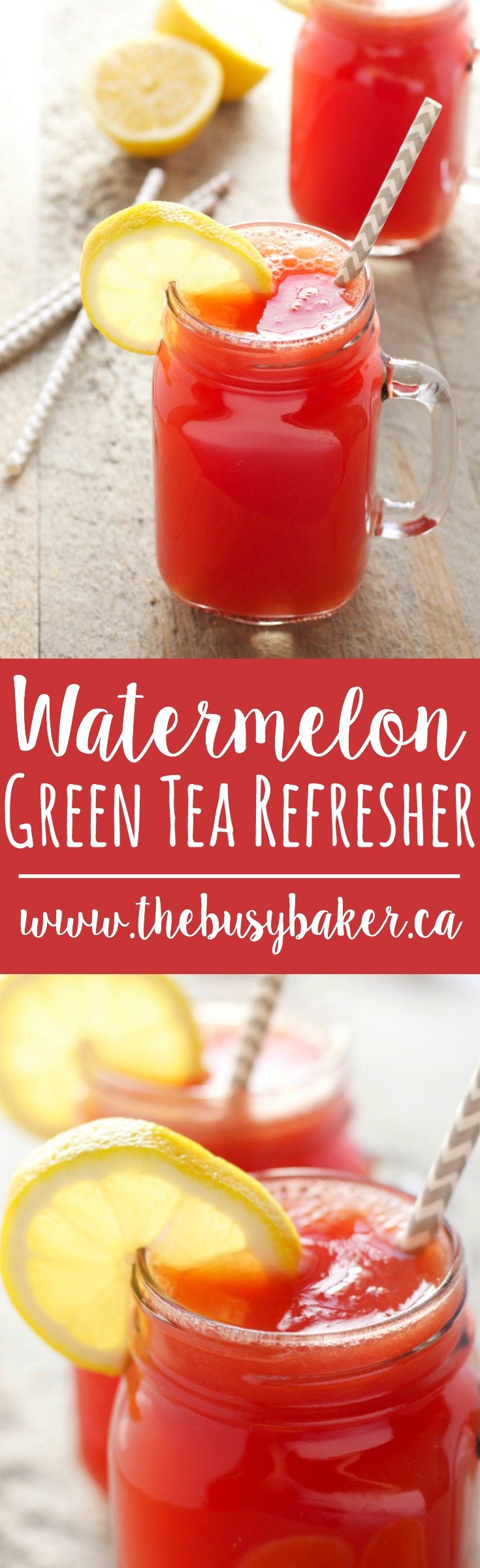 This Watermelon Green Tea Refresher drink is a delicious healthy alcohol-free cocktail, featuring fresh watermelon, lemon, and green tea! Recipe from thebusybaker.ca! via @busybakerblog