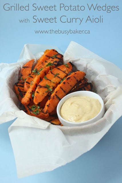 titled image (and shown): Grilled Sweet Potato Wedges with Sweet Curry Aioli