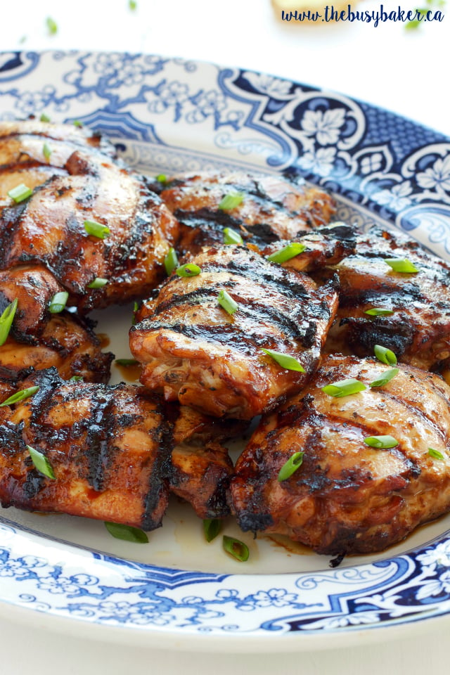 platter of ginger soy marinated grilled chicken thighs