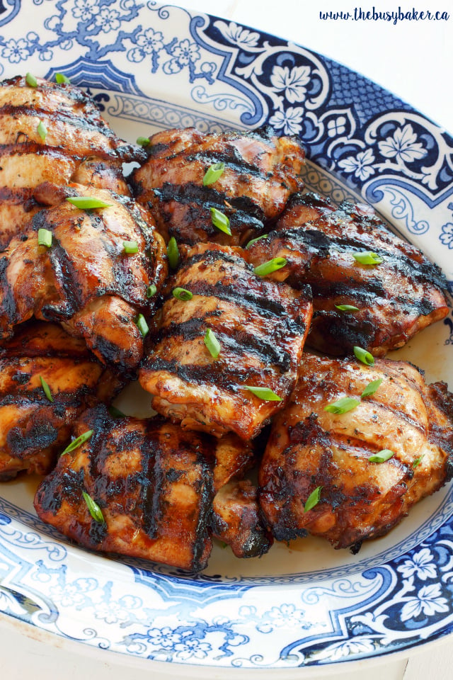 Ginger Soy Grilled Chicken on a white and blue platter