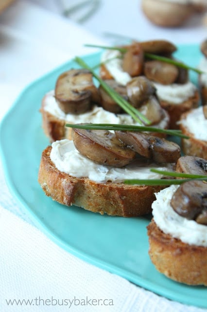 platter of mushroom crostini appetizers