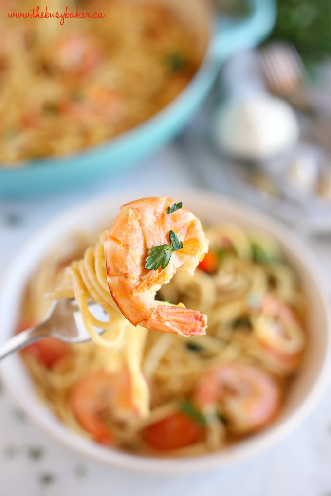 This Easy Healthy Shrimp Scampi is a delicious and healthy weeknight meat featuring fresh shrimp, pasta and veggies in a light-tasting garlic cream sauce! Recipe from thebusybaker.ca! #shrimpscampi #easyshrimppasta #healthyshrimppasta #healthyshrimpscampi 