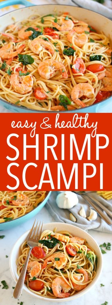 This Easy Healthy Shrimp Scampi is a delicious and healthy weeknight meat featuring fresh shrimp, pasta and veggies in a light-tasting garlic cream sauce! Recipe from thebusybaker.ca! #shrimpscampi #easyshrimppasta #healthyshrimppasta #healthyshrimpscampi 