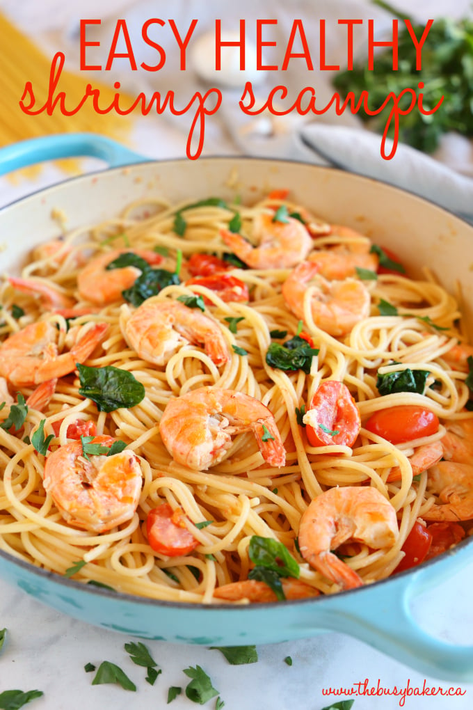 This Easy Healthy Shrimp Scampi is a delicious and healthy weeknight meat featuring fresh shrimp, pasta and veggies in a light-tasting garlic cream sauce! Recipe from thebusybaker.ca! #shrimpscampi #easyshrimppasta #healthyshrimppasta #healthyshrimpscampi 