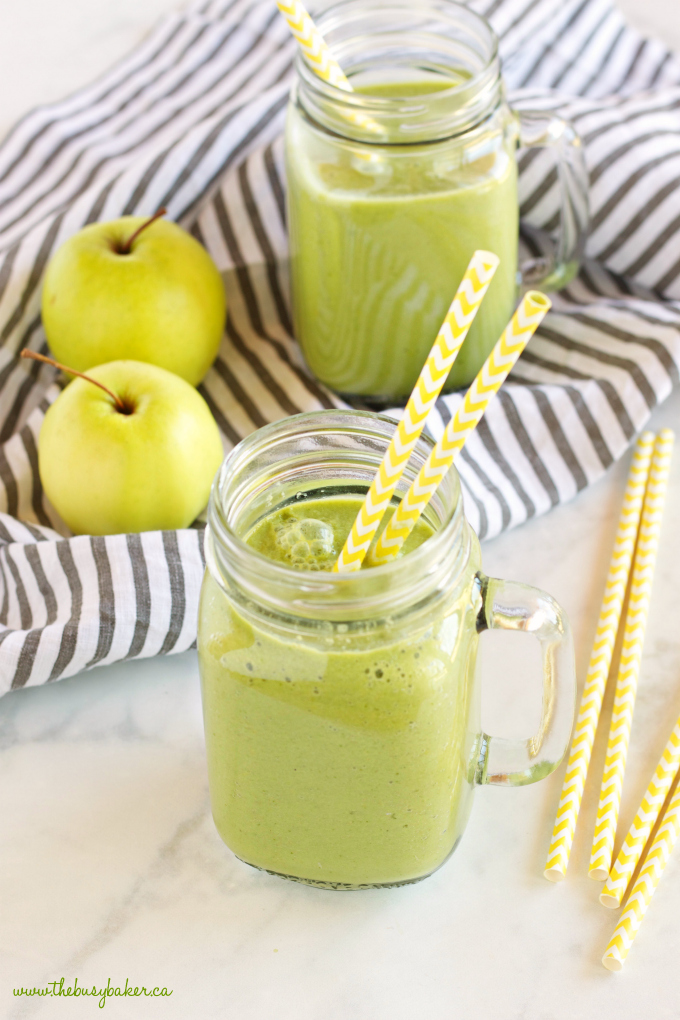 This Green Apple Spinach Smoothie is a sweet and healthy way to start the day! It makes a delicious breakfast packed with nutrients and fibre, and it's a great wholesome snack any time of the day! It can be made vegan and dairy-free! Recipe from thebusybaker.ca! #greensmoothie #applesmoothie #healthysmoothie #dairyfreesmoothie #dairyfreebreakfast
