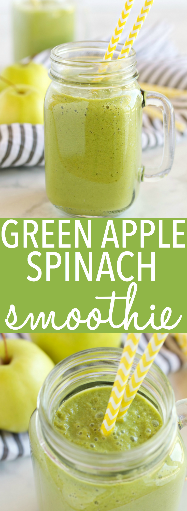 This Green Apple Spinach Smoothie is a sweet and healthy way to start the day! It makes a delicious breakfast packed with nutrients and fibre, and it's a great wholesome snack any time of the day! It can be made vegan and dairy-free! Recipe from thebusybaker.ca! #greensmoothie #applesmoothie #healthysmoothie #dairyfreesmoothie #dairyfreebreakfast via @busybakerblog
