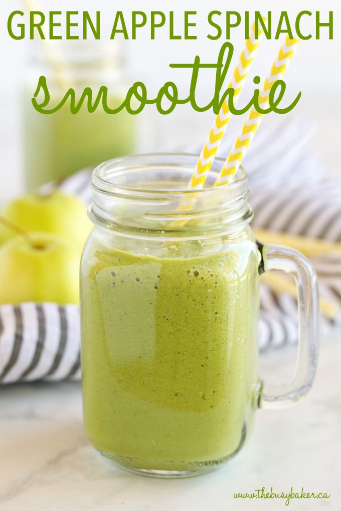 This Green Apple Spinach Smoothie is a sweet and healthy way to start the day! It makes a delicious breakfast packed with nutrients and fibre, and it's a great wholesome snack any time of the day! It can be made vegan and dairy-free! Recipe from thebusybaker.ca! #greensmoothie #applesmoothie #healthysmoothie #dairyfreesmoothie #dairyfreebreakfast