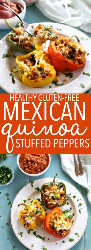 These Mexican-Style Quinoa Stuffed Peppers are the perfect healthy family meal that's naturally gluten-free! These stuffed peppers are bursting with Mexican flavours and packed with veggies and fibre and topped with cheese for a wholesome meal the whole family will love! Recipe from thebusybaker.ca! #mexicanstuffedpeppers #quinoapeppers #glutenfree #glutenfreemeal