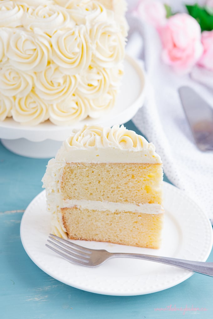 slice of vanilla cake on a white plate