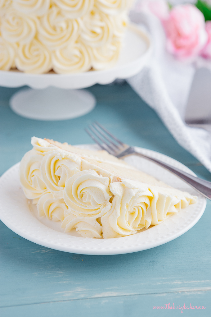 Best Ever Vanilla Bean White Cake rosette frosting tutorial