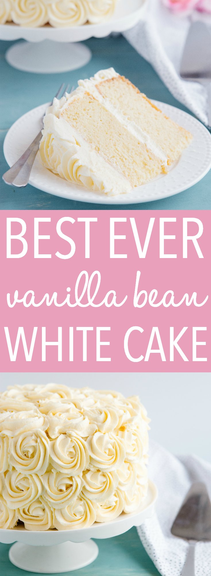 This homemade Vanilla Cake recipe is the perfect tender cake with creamy, fluffy frosting. An easy vanilla cake recipe for beginners - with PRO baking tips! Recipe from thebusybaker.ca! #cake #birthday #vanilla #white #whitecake #wedding #bridesmaid #bridalshower #babyshower #rosette #roses #recipe #homemade via @busybakerblog