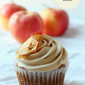homemade apple caramel cupcakes topped with baked apple chips