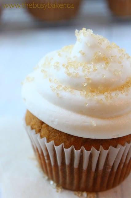 Pumpkin Spice Cupcakes - the perfect fall dessert, packed with pumpkin flavour! #cupcakes #fall #desserts #recipe close up image of a pumpkin spice cupcake