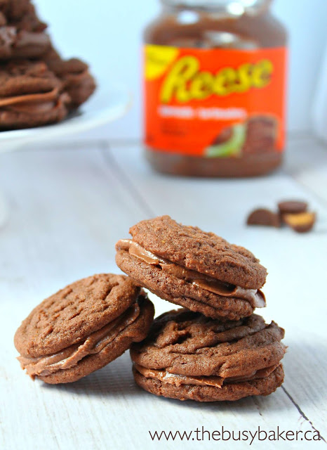 a stack of 3 chocolate peanut butter cookies with peanut butter chocolate spread in between them